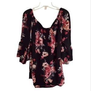 Feitong Black Pink Floral Off The Shoulder Smocked Blouse Size Large